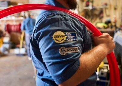 A worker in a blue uniform with patches holds a red hose in a workshop